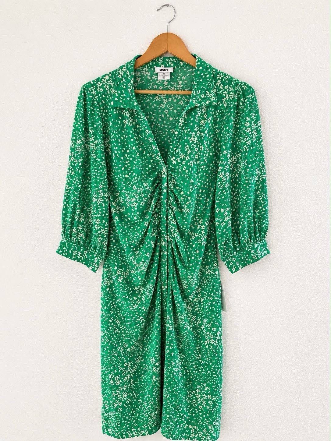 NWT DKNY Green Floral Ruched Shirt Dress Women’s Size 12 Spring Summer