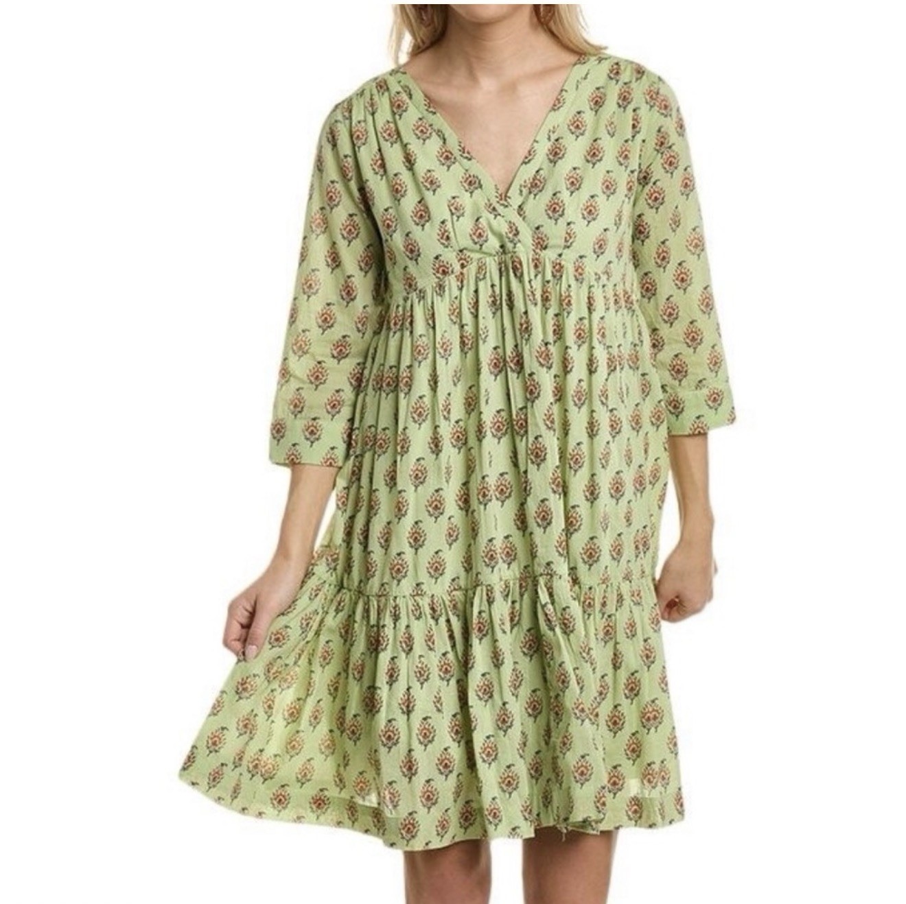 Roller Rabbit Women’s Dress Green Cotton Floral Tiered Embroidered Size Large