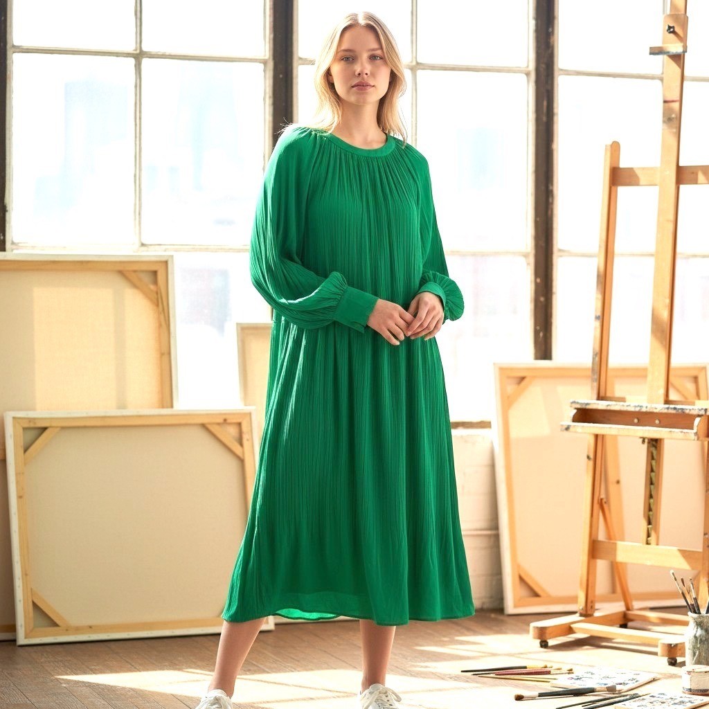 H&M Green Viscose Maxi Dress XXL Long Sleeve Gathered Neck Round Neck Plus Size