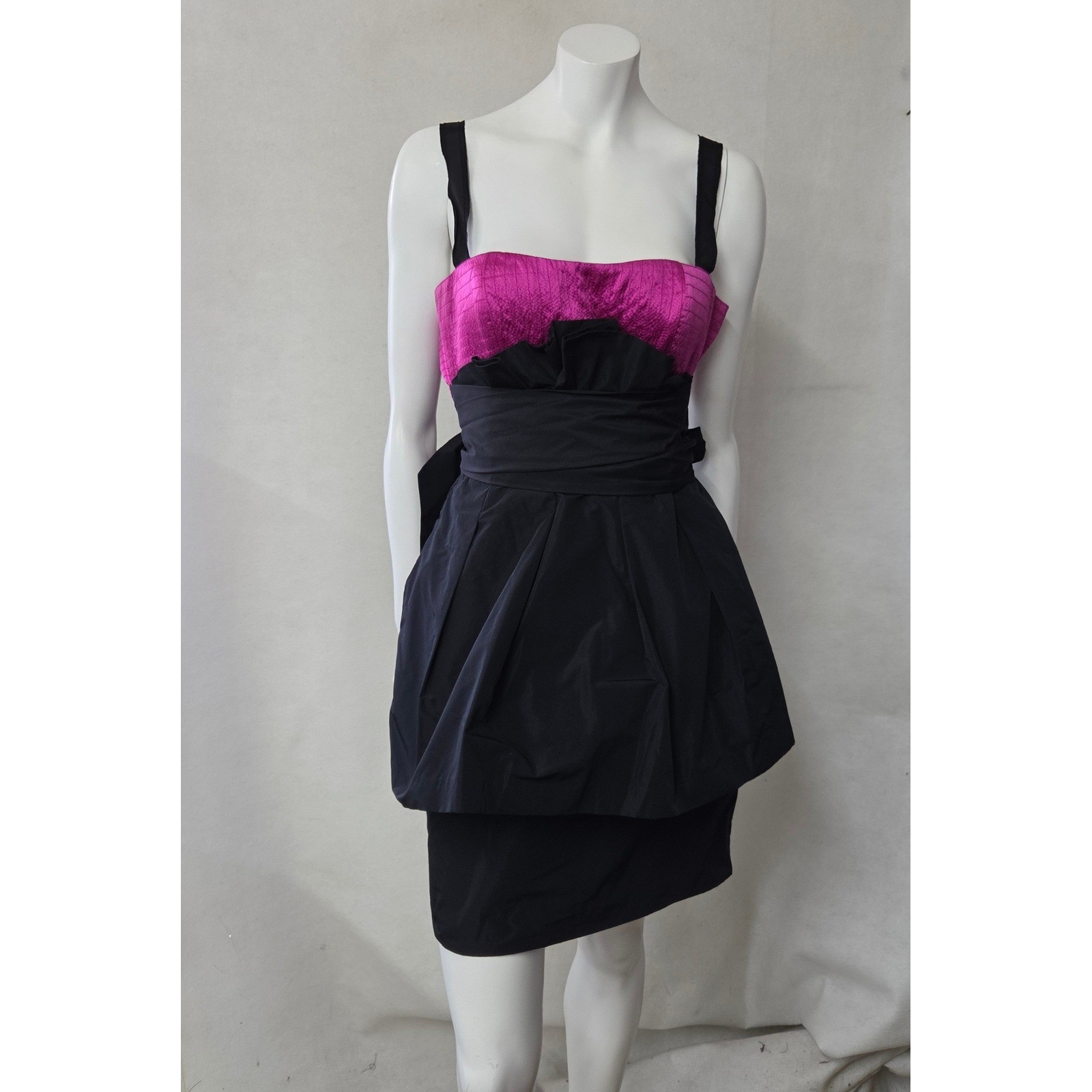 BCBGMAXAZRIA Cocktail Dress Women 8 Pink Black Bubble Hem Silk Trim Bow Pockets