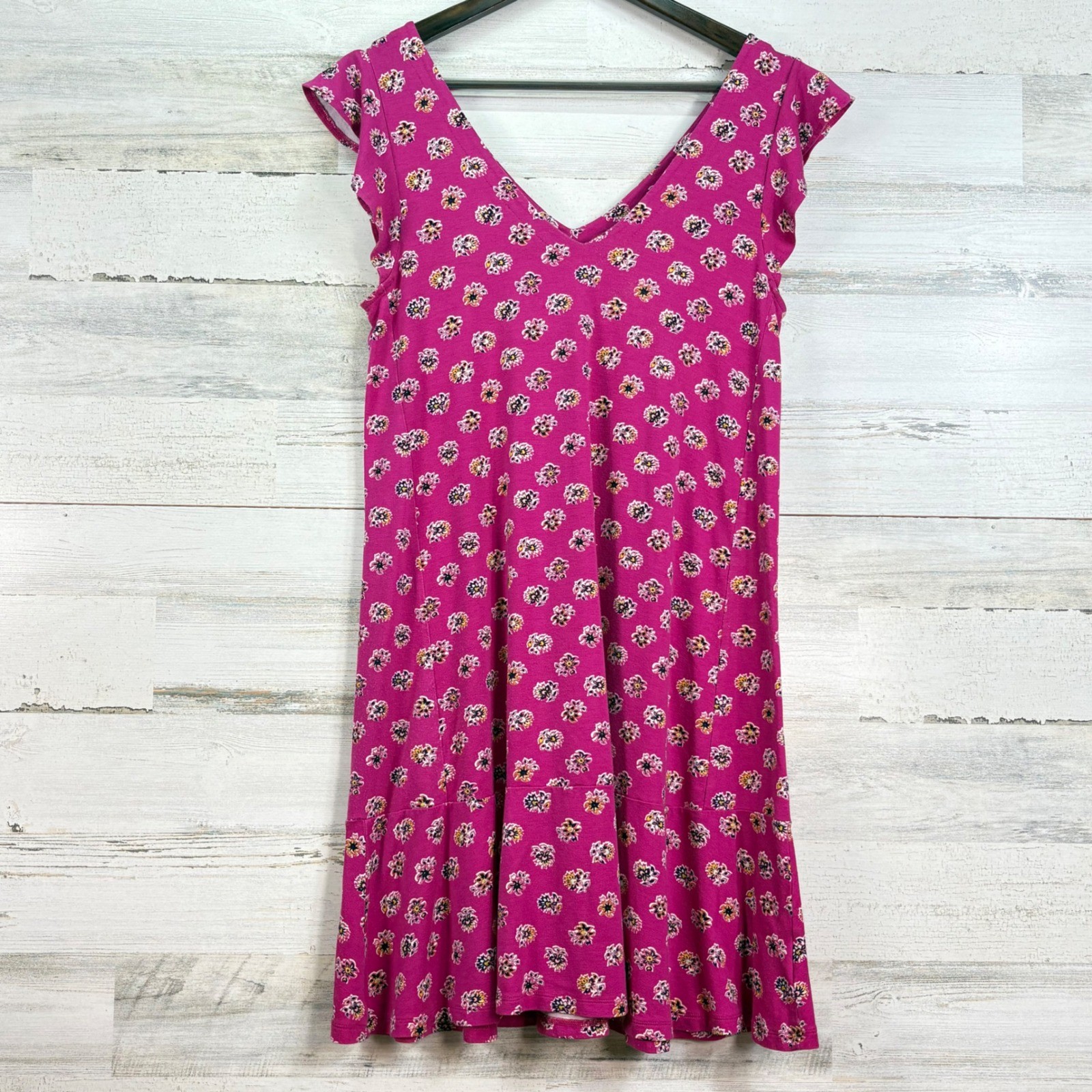 LOFT Womens Hot Pink Floral Flutter Sleeve V-Neck Relaxed Casual Dress Size S