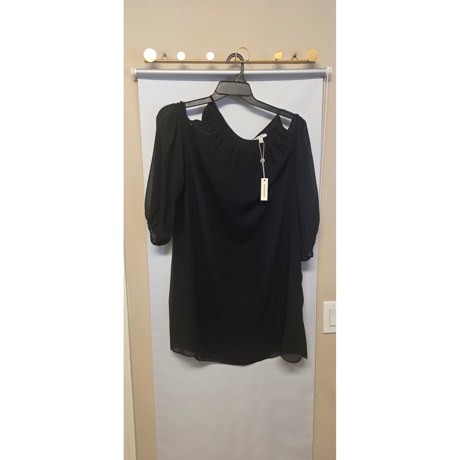 Max Studio Women Black Cold Shoulder Shift Dress Long Sleeve Keyhole Back NWT L