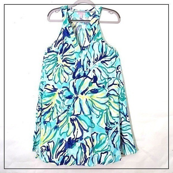 Lilly Pulitzer Dress Women XS Blue Tropical Resort Sleeveless Swing Vacation