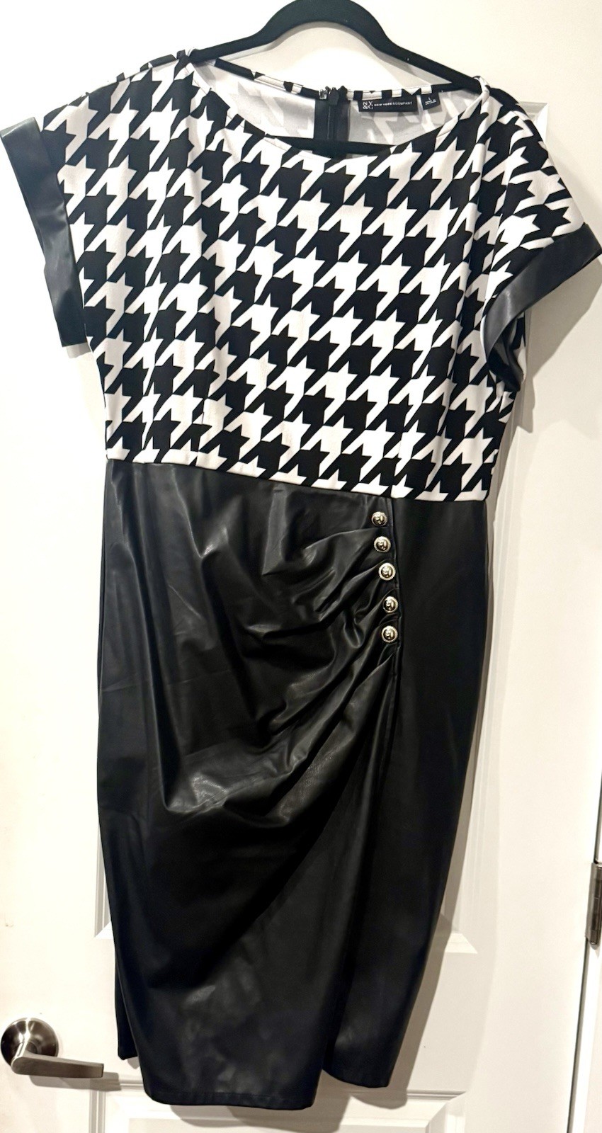 New York And Company fauxLeather Houndstooth Dress, Size Large