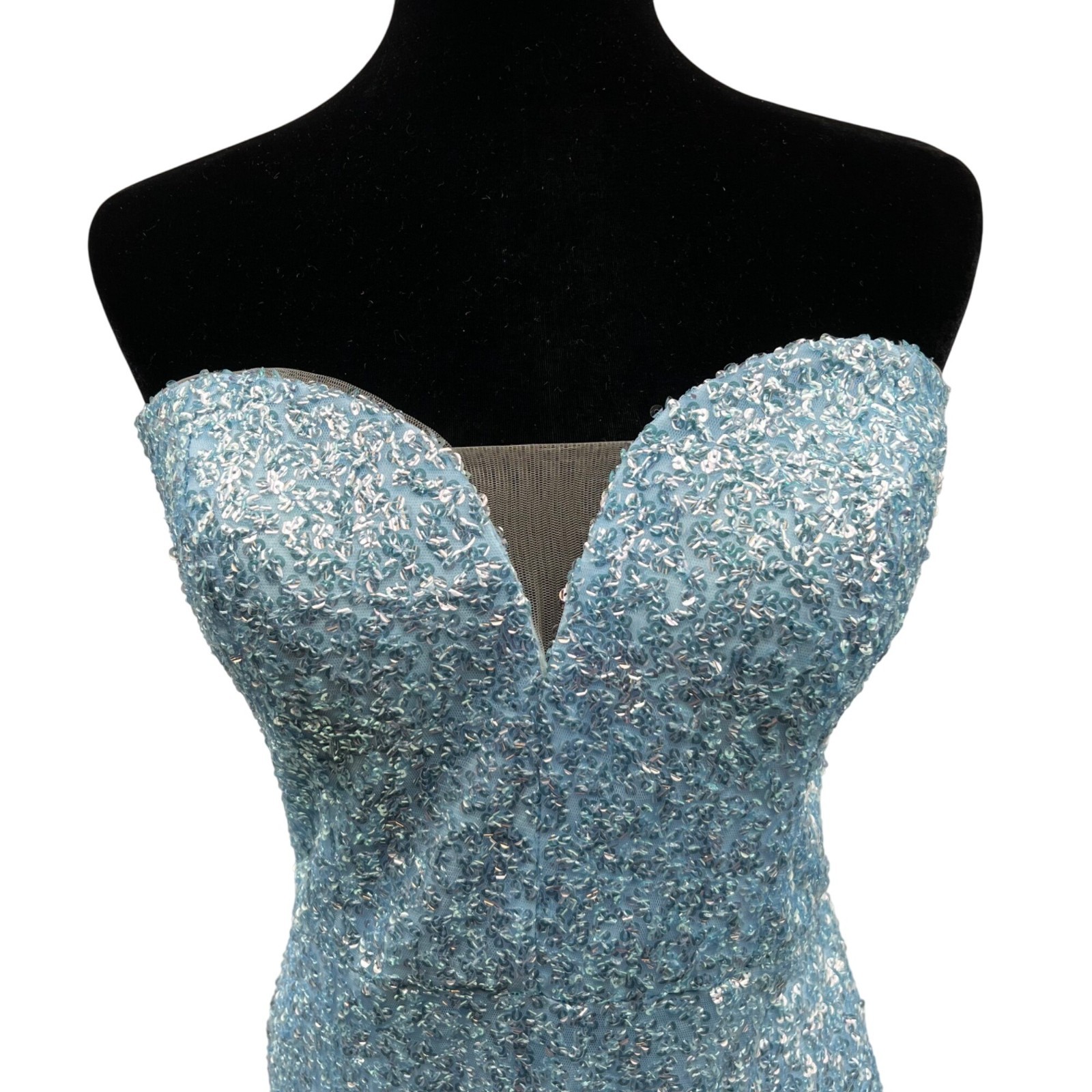 Alyce Paris Sequin Feathered Prom Dress Strapless Silver Lake Blue Size 12 New
