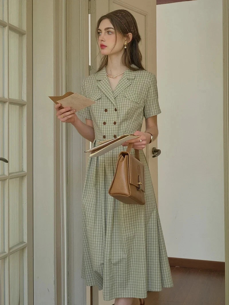 Kathy V-Neck Lapel Plaid Dress Size Large