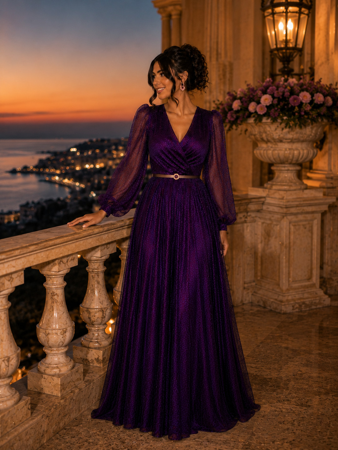 Purple Formal Evening Dress Long Sleeve Maxi Gown Wedding Guest Prom Party Dress