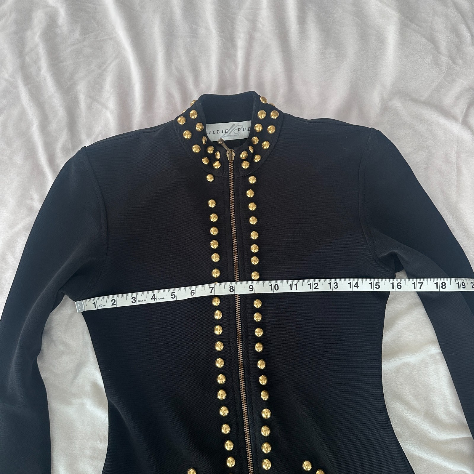 Vintage Lillie Rubin Black Gold Studded Bodycon Zip Dress XS 80s