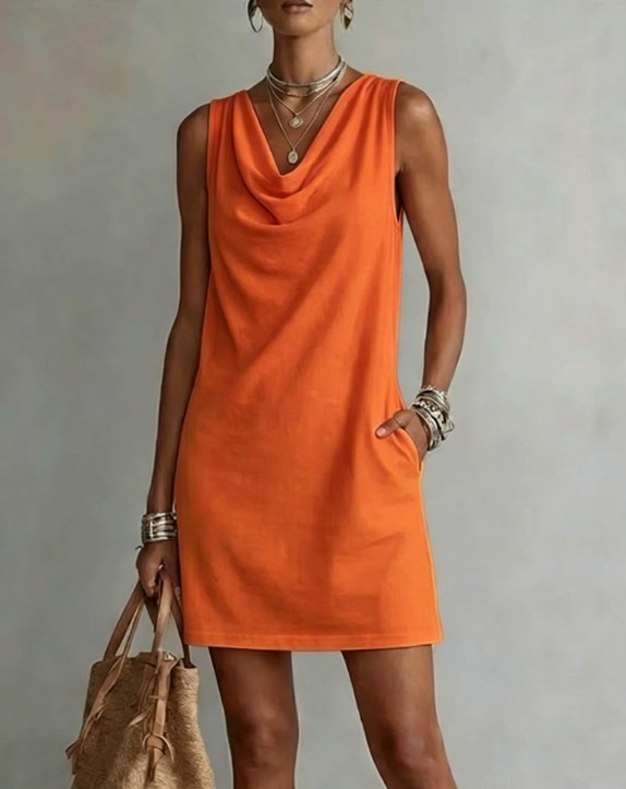 Women Sleeveless Cowl Neck Mini Dress Loose Straight Shift Casual Short Dress