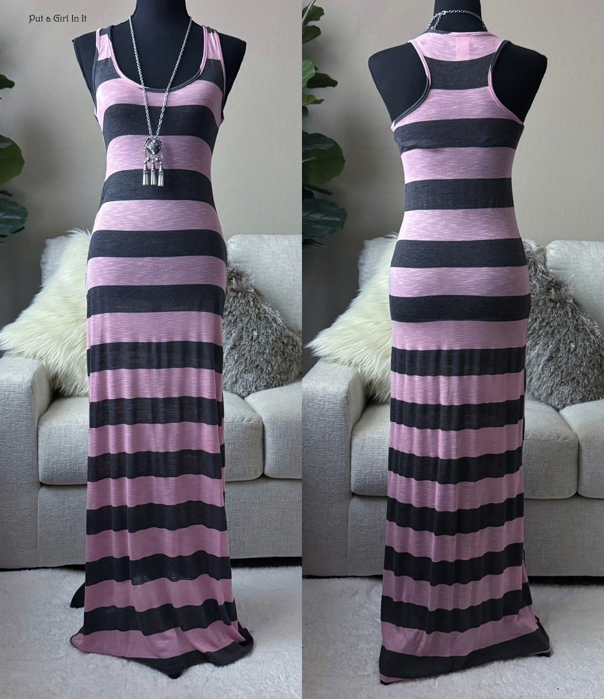USA New Boho Women’s Pink Gray Striped Sleeveless Maxi Tank Dress S M L Bohemian