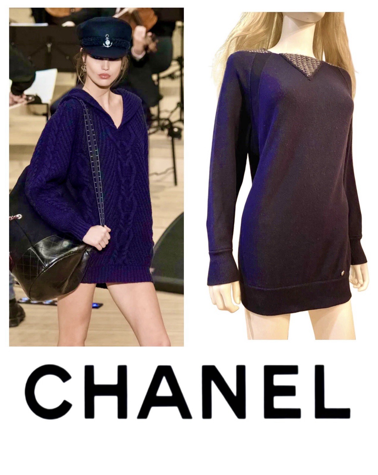 Chanel 2016 2017 Blue Knit Long Sweater Dress 34 36 38 2 4 6 Tunic Top Vtg S M