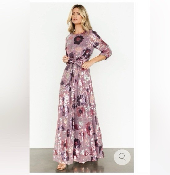 Baltic Born Purple Floral Sequin Mesh Maxi Dress Round Neck 3/4 Sleeve L