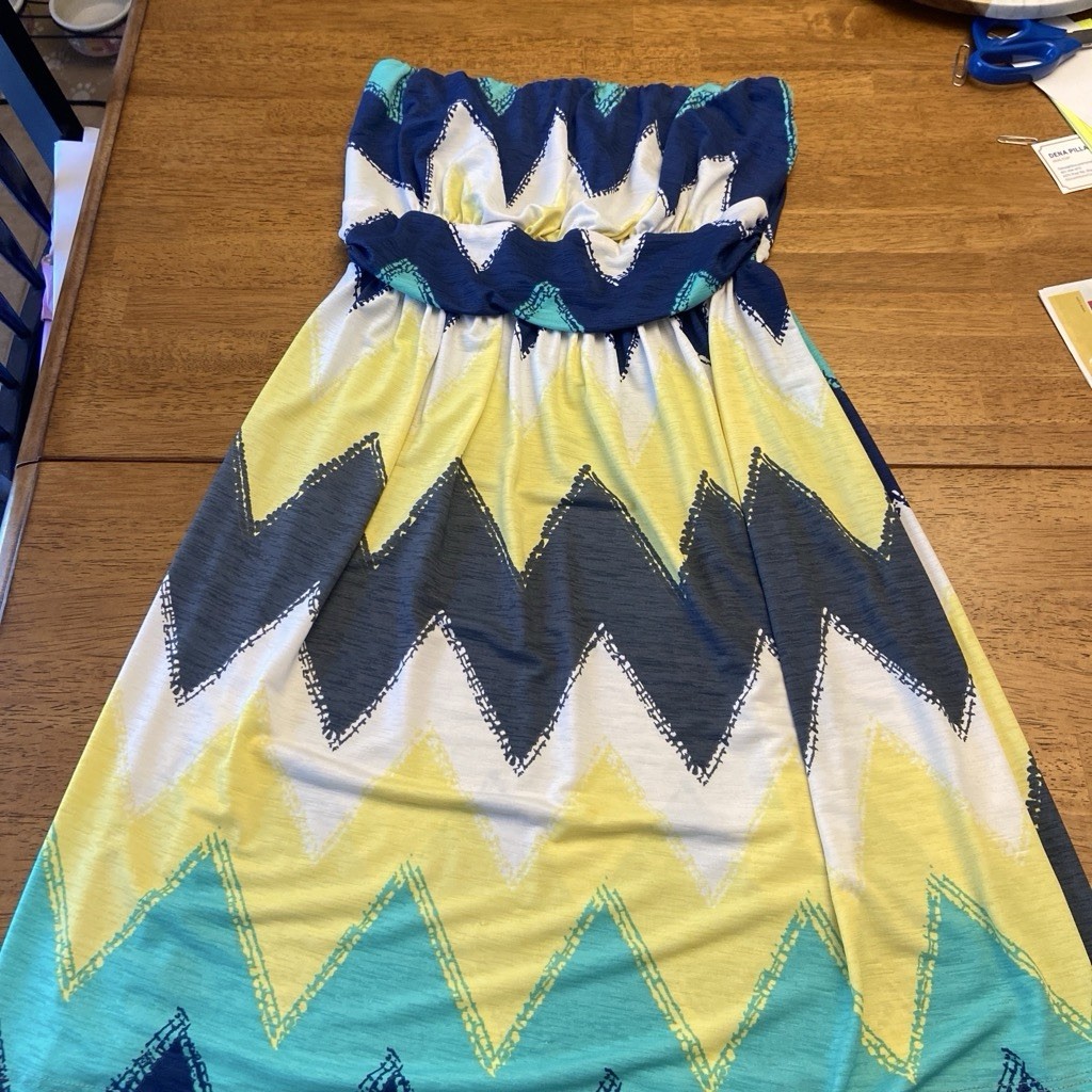 Strapless Chevron Smocked Ruched Midi Sundress Size S Polyester Blue Yellow