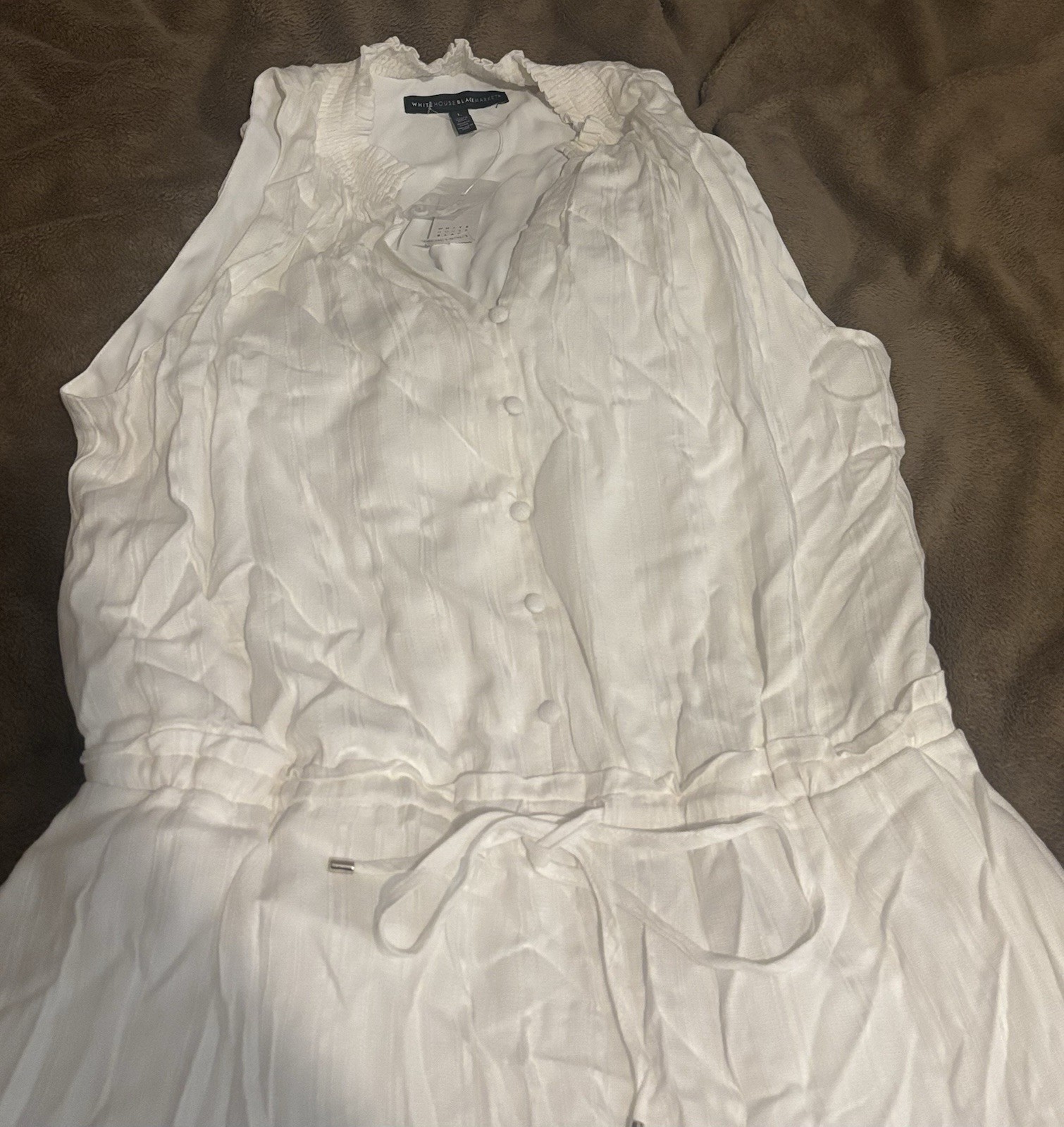 White House Black Market White Solid Shirt Dress Button Front Belted V-Neck L