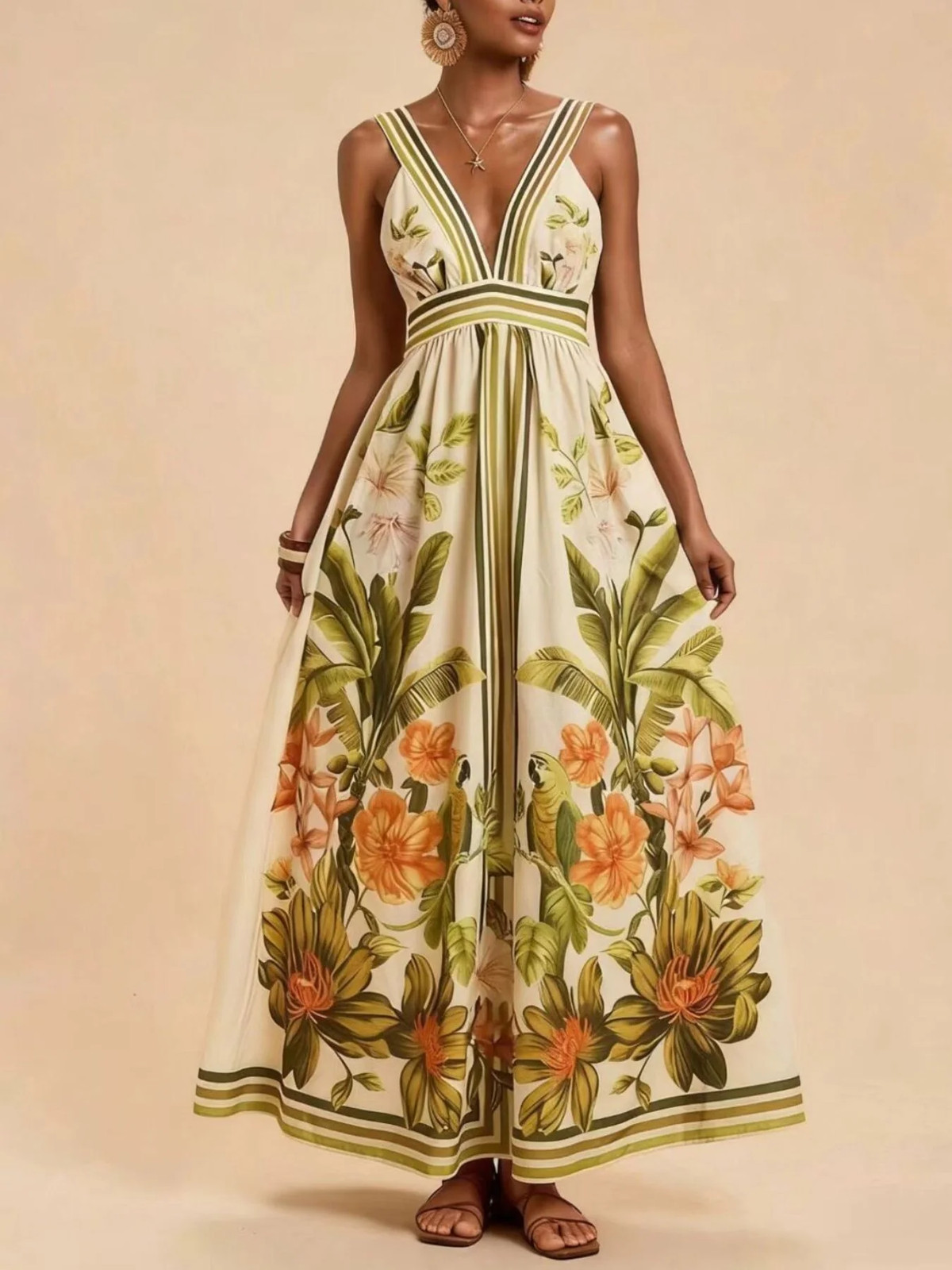 Tropical Floral Print V-Neck Maxi Dress Resort Vacation Elegance