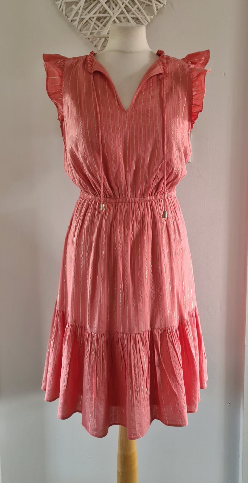 Papaya Coral Gold Glitter Stripe Fit & Flare Ruffle Trim Summer Dress Size 10