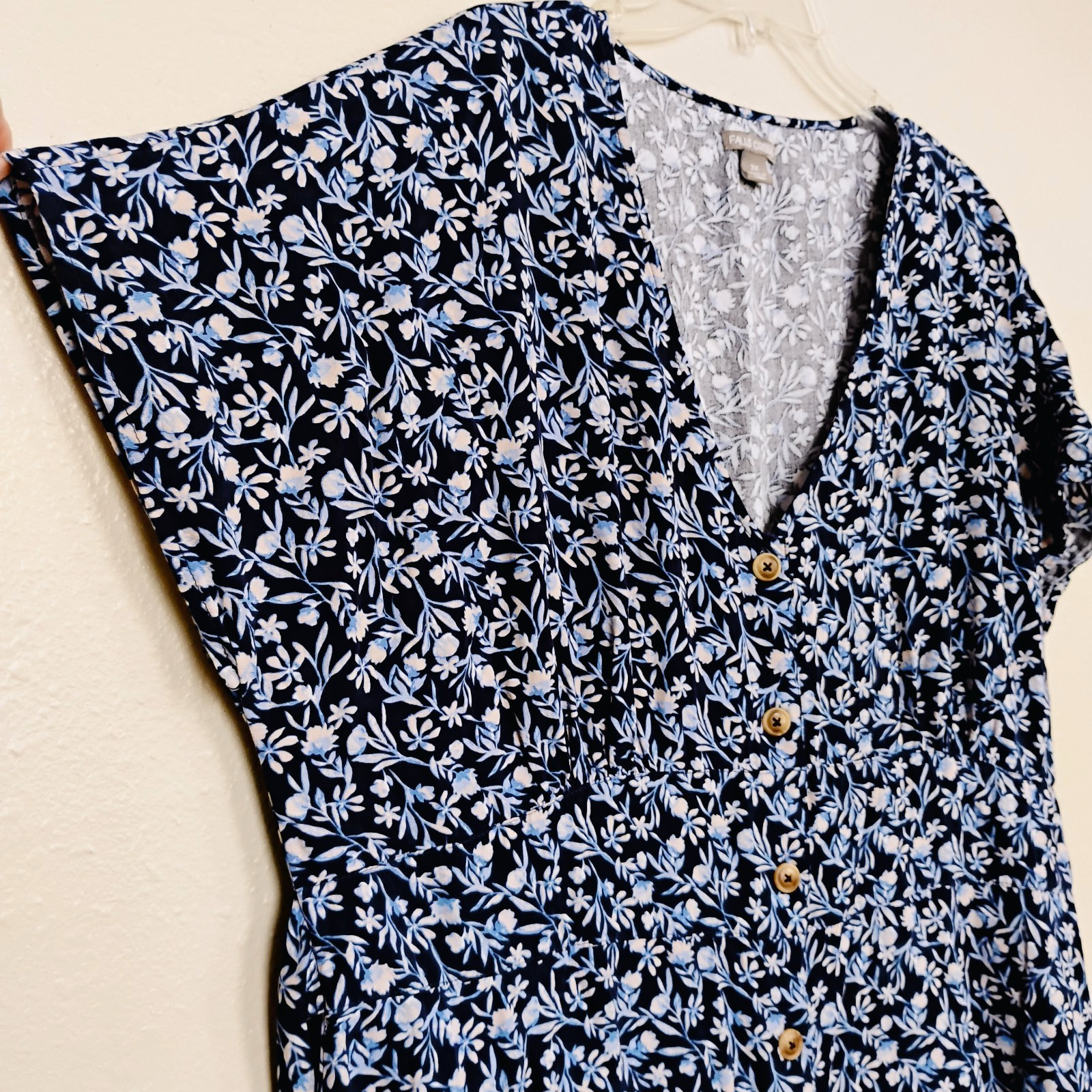 Falls Creek Button up Dress Navy Floral V-Neck Rayon Tie Back Dress Plus Size 2X