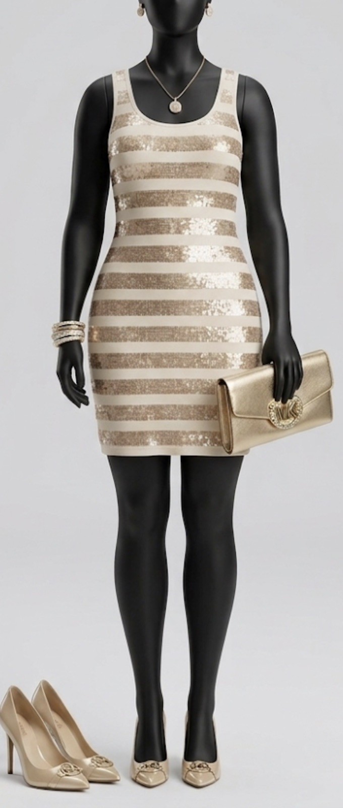 $150 Michael Kors Dress XL Tan Gold Sequin Striped Sleeveless Stretch Versatile