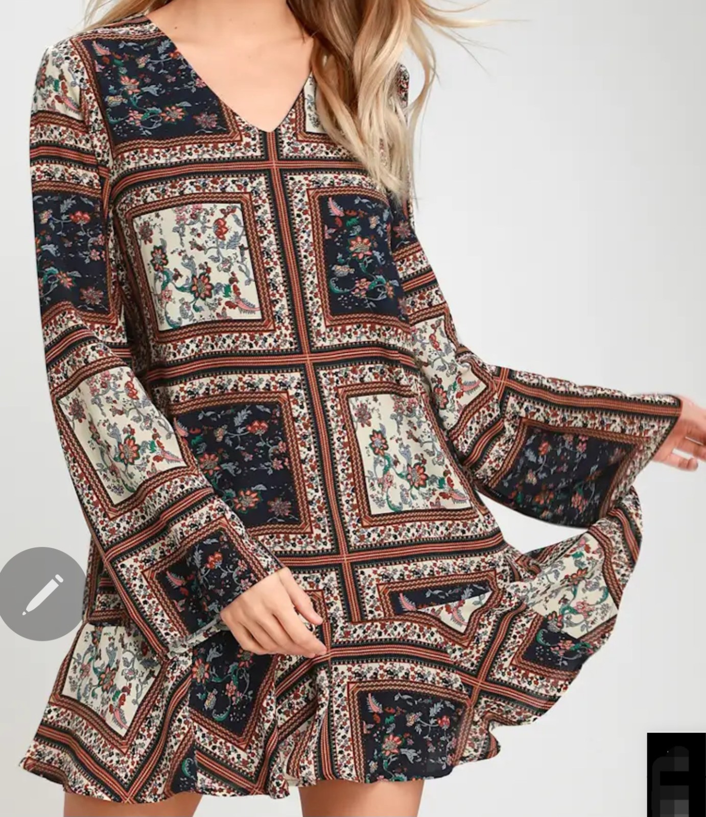 Lulus Crack A Smile Cream And Navy Multi- Print Long Sleeve Shift Dress Small