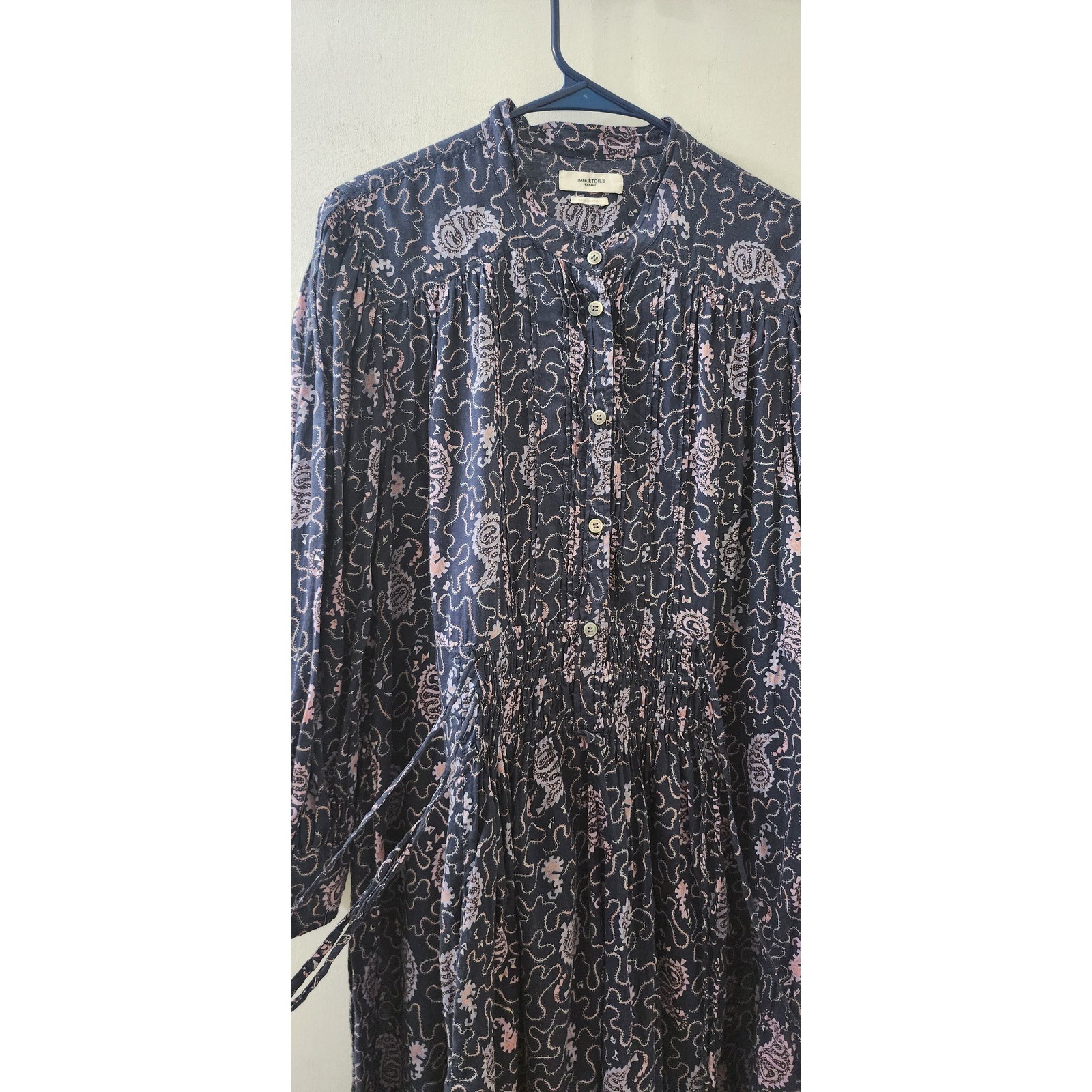Isabel Marant Etoile Anaco Paisley Cotton Smocked Mini Dress Navy Pink Size 34