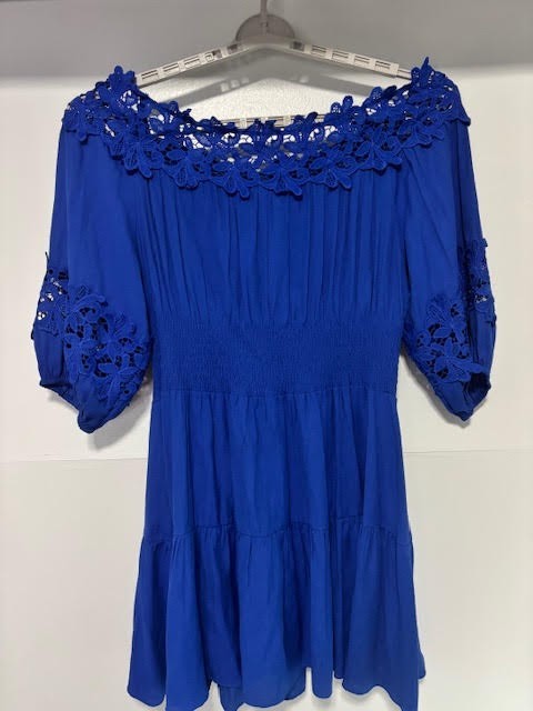 Gianni Bini XL Royal Blue Fit & Flare Smocked Lace Tiered Dress Puff Sleeve
