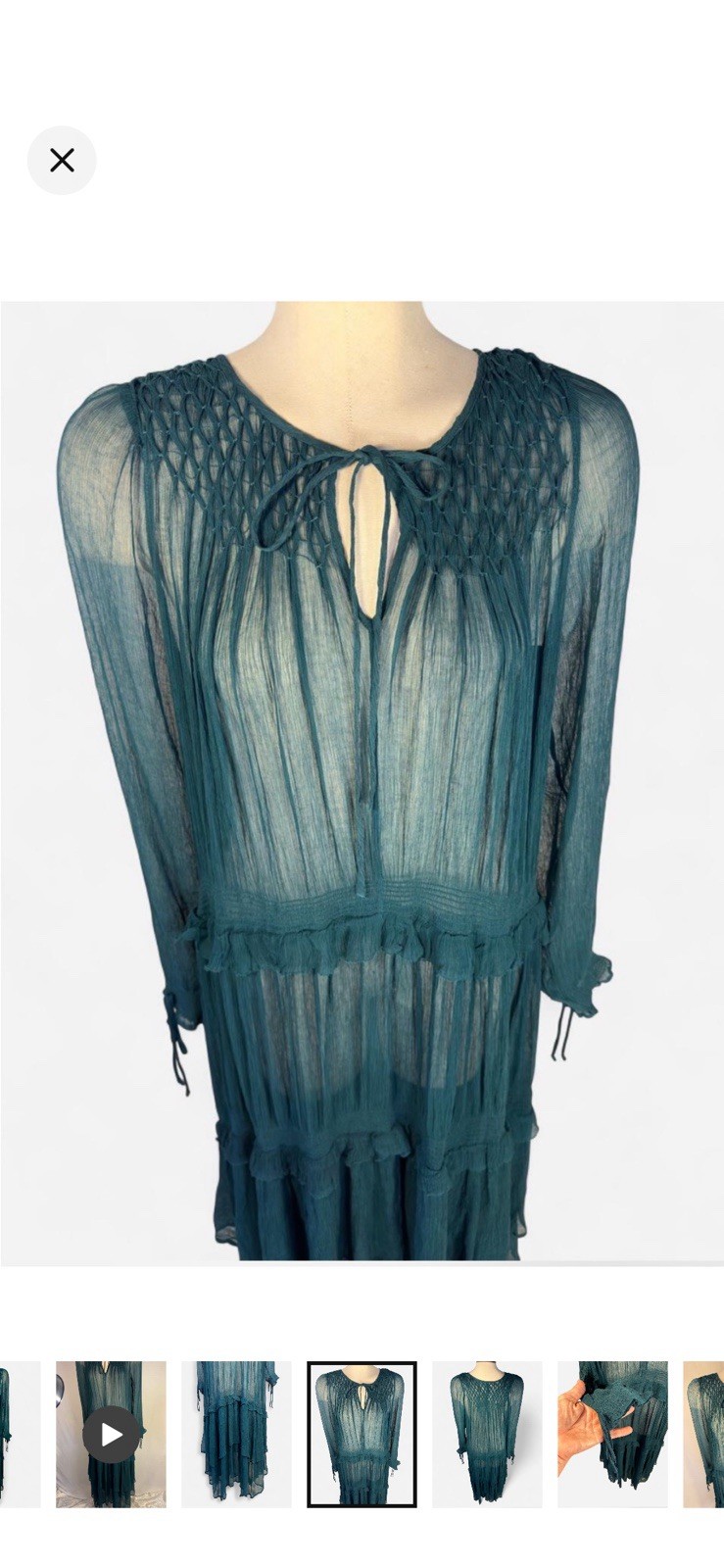 Sundance Teal Sheer Chiffon Ruffle Tie Neck Midi Dress Cupro Viscose Size S