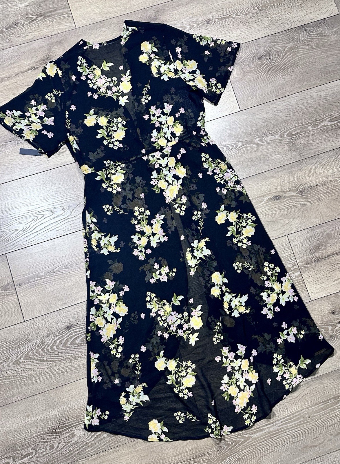 NWT 3rd + Malt Sheer Floral Duster Midi Dress Women’s M Black Tie Waist Boho