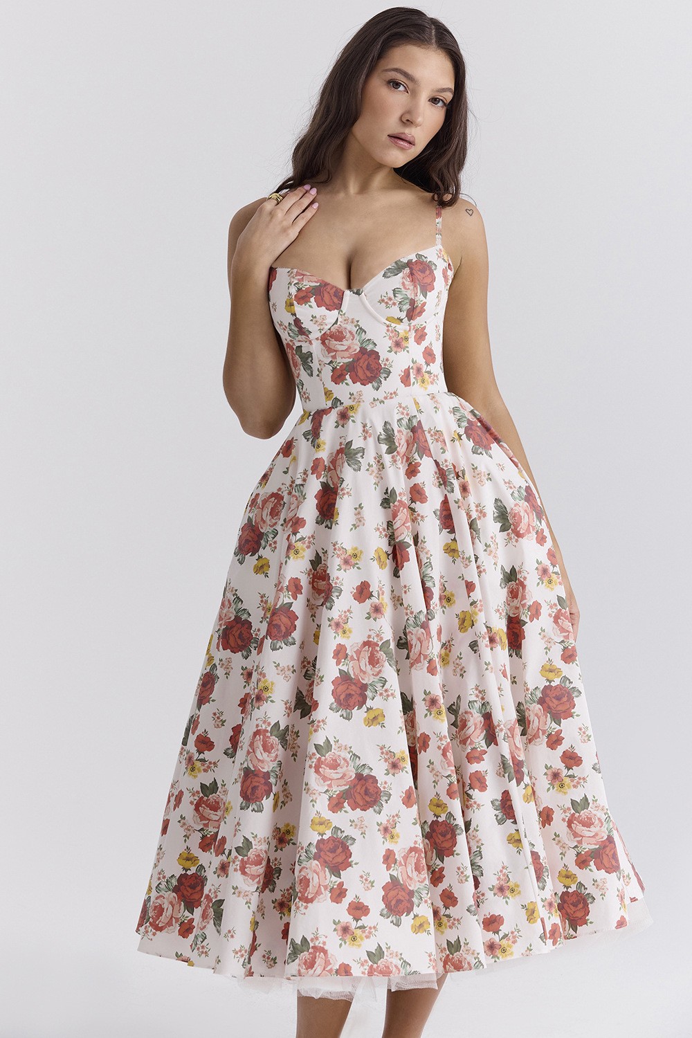 Ladies Floral Tulle Dress Skinny Strap High Waist Party Dress Summer