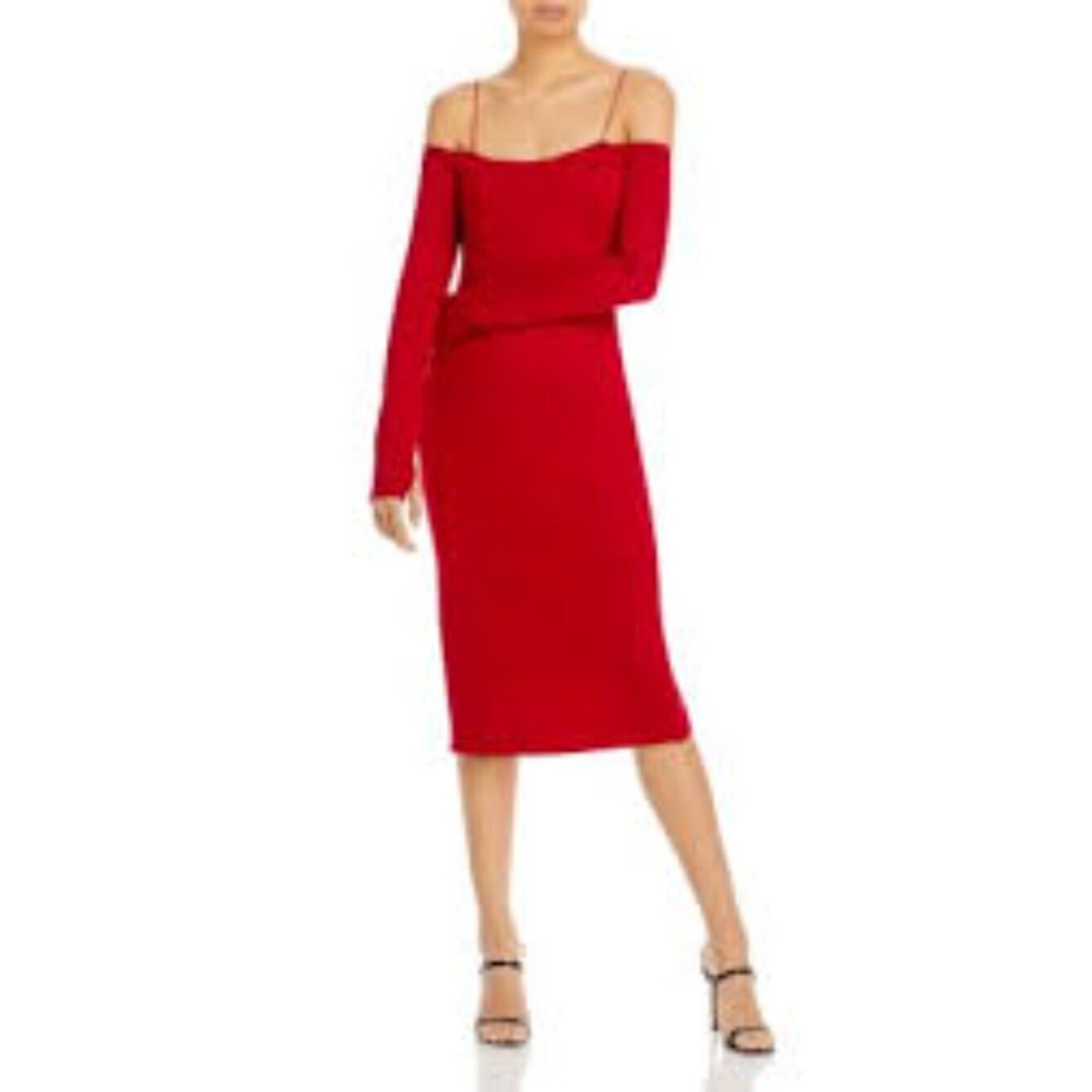 Alice +Olivia DorindaFitted Red Long-Sleeved Off the Shoulder Midi Dress, Size 4