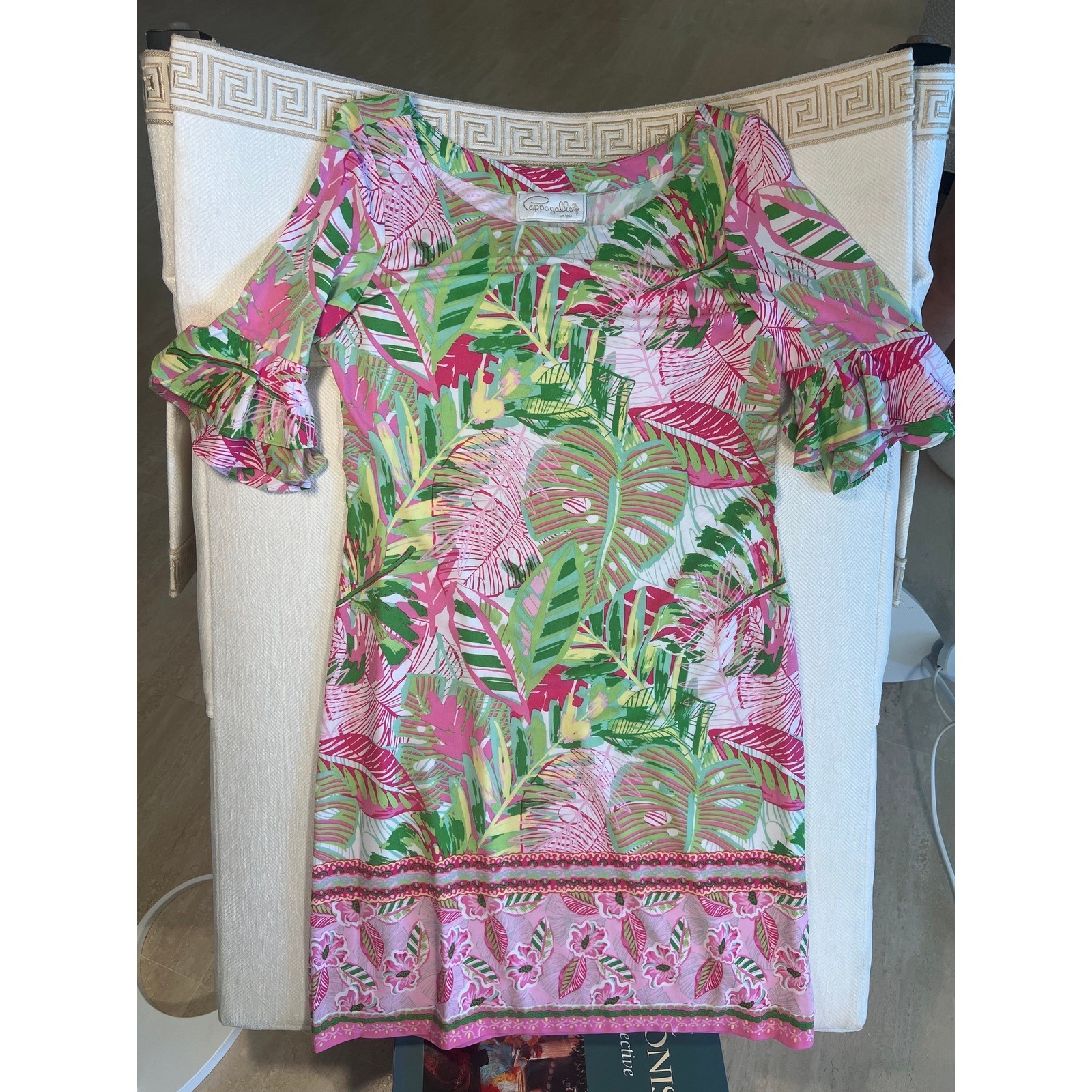 Pappagallo Pink Green Tropical Palm Leaf Ruffle Sleeve Shift Dress Knee Length