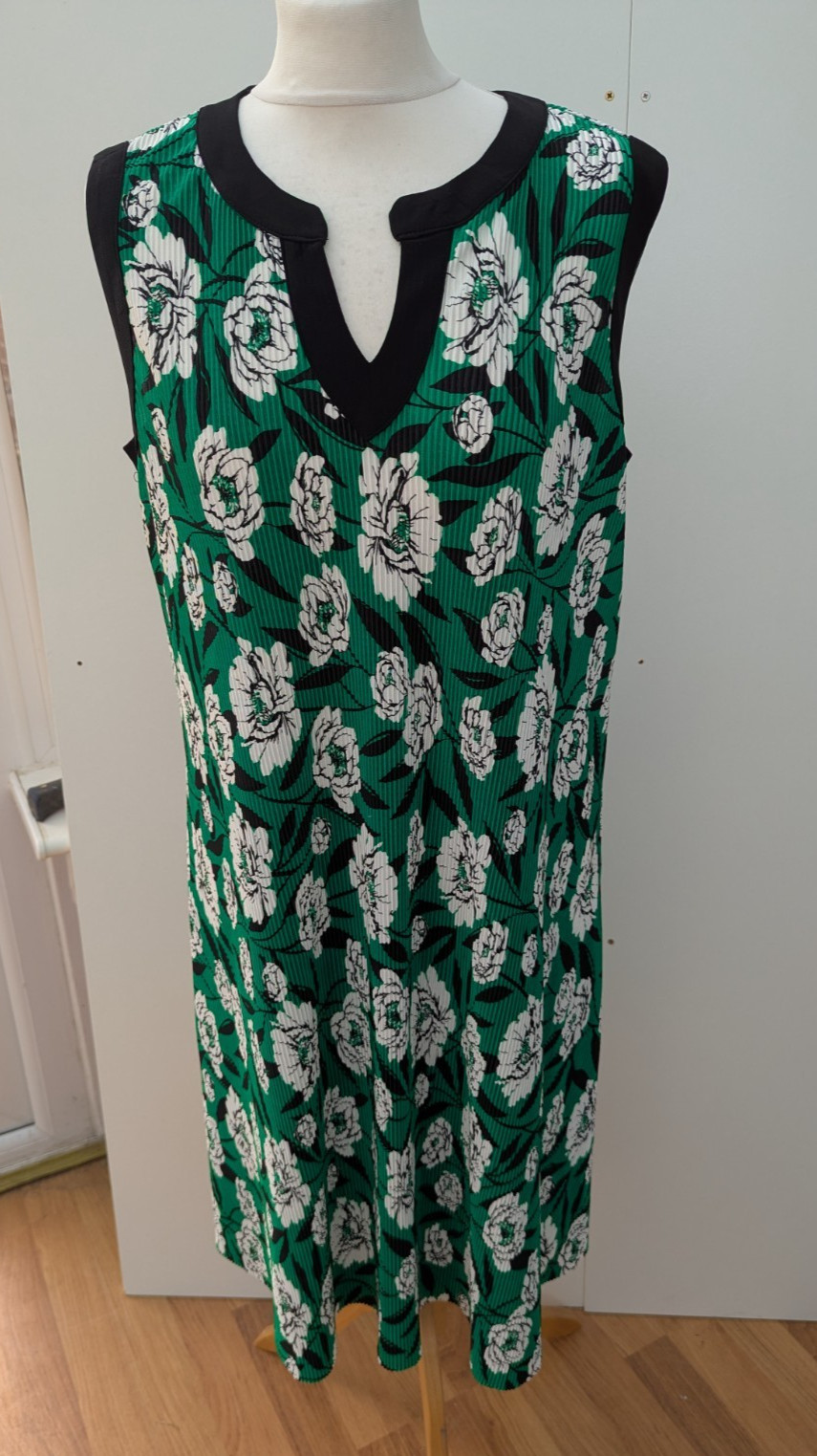 Nina Leonard Sleeveless Dress Notch Neck Plisse Pleat Green Print New Size Small