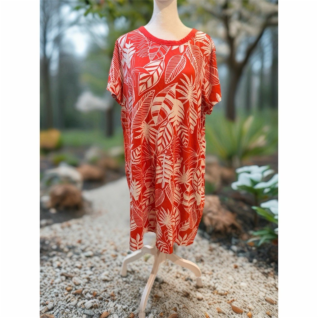 Old Navy Dress Womens 2XL Orange Tropical Leaf Print T-Shirt Shift Knee