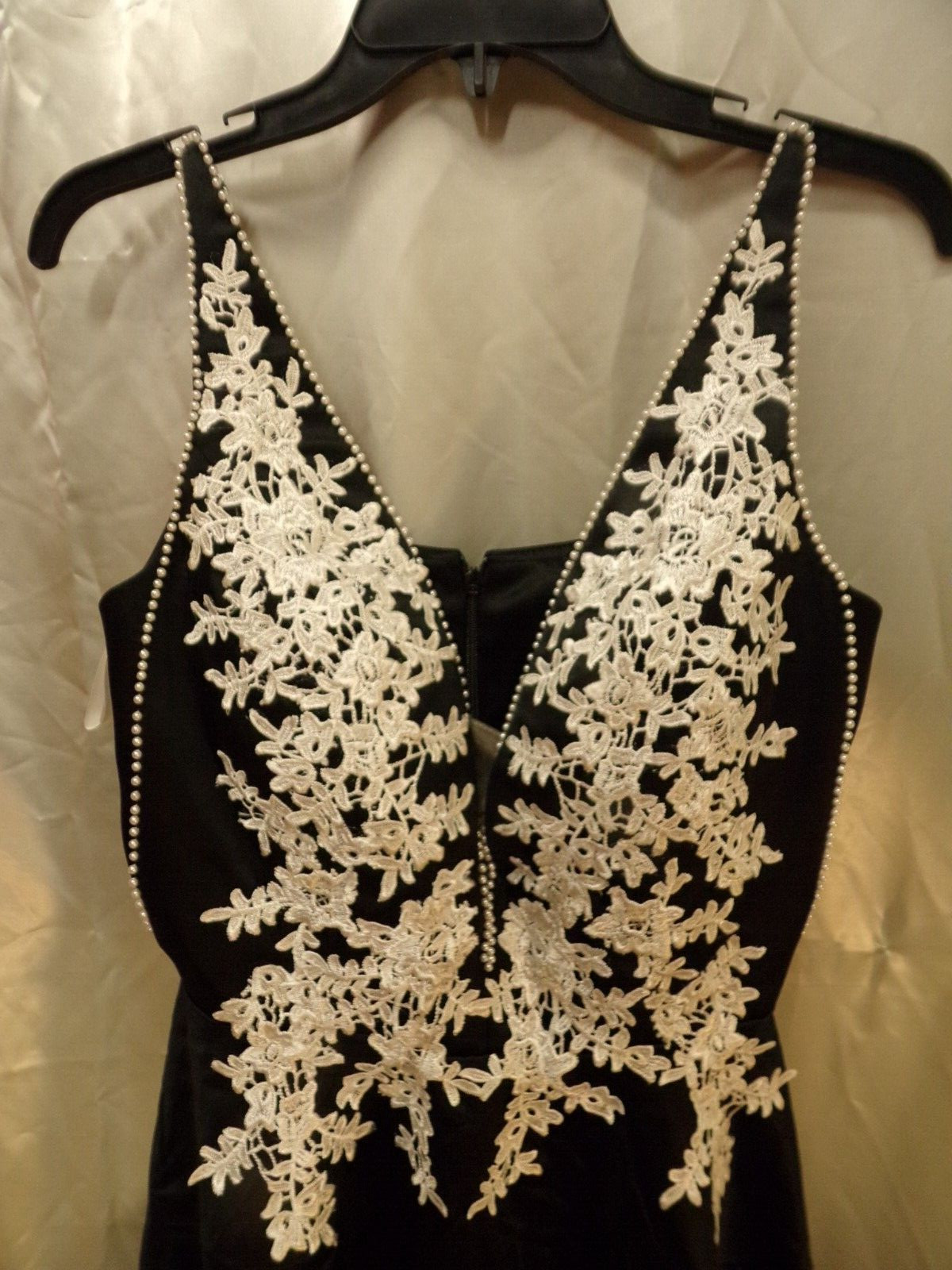 Black Dress Spaghetti Strap White Lace Beads V Neck size XS S