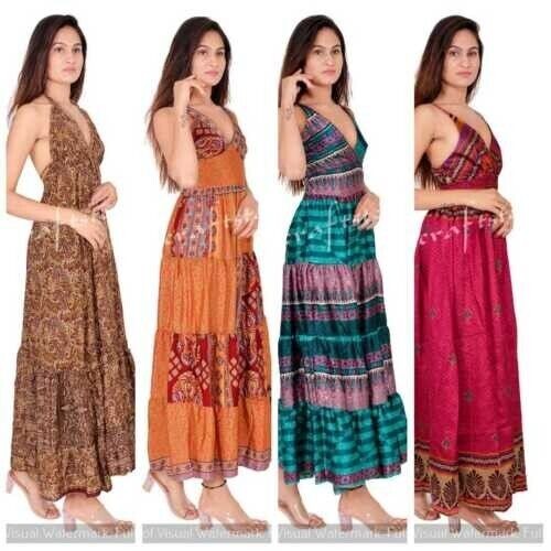 20 PC Blackless Indian Silk Women Sari Bohgemian Hippie Ethnic Wholesale Dress..