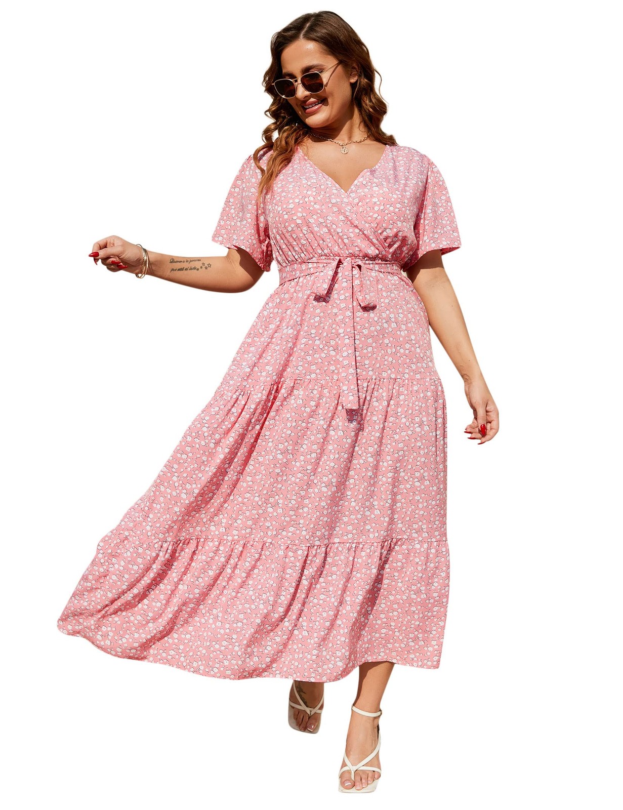 KOJOOIN Women Plus Size Pink Flower V Neck Wrap Maxi Dress High Waist XXL 20-22