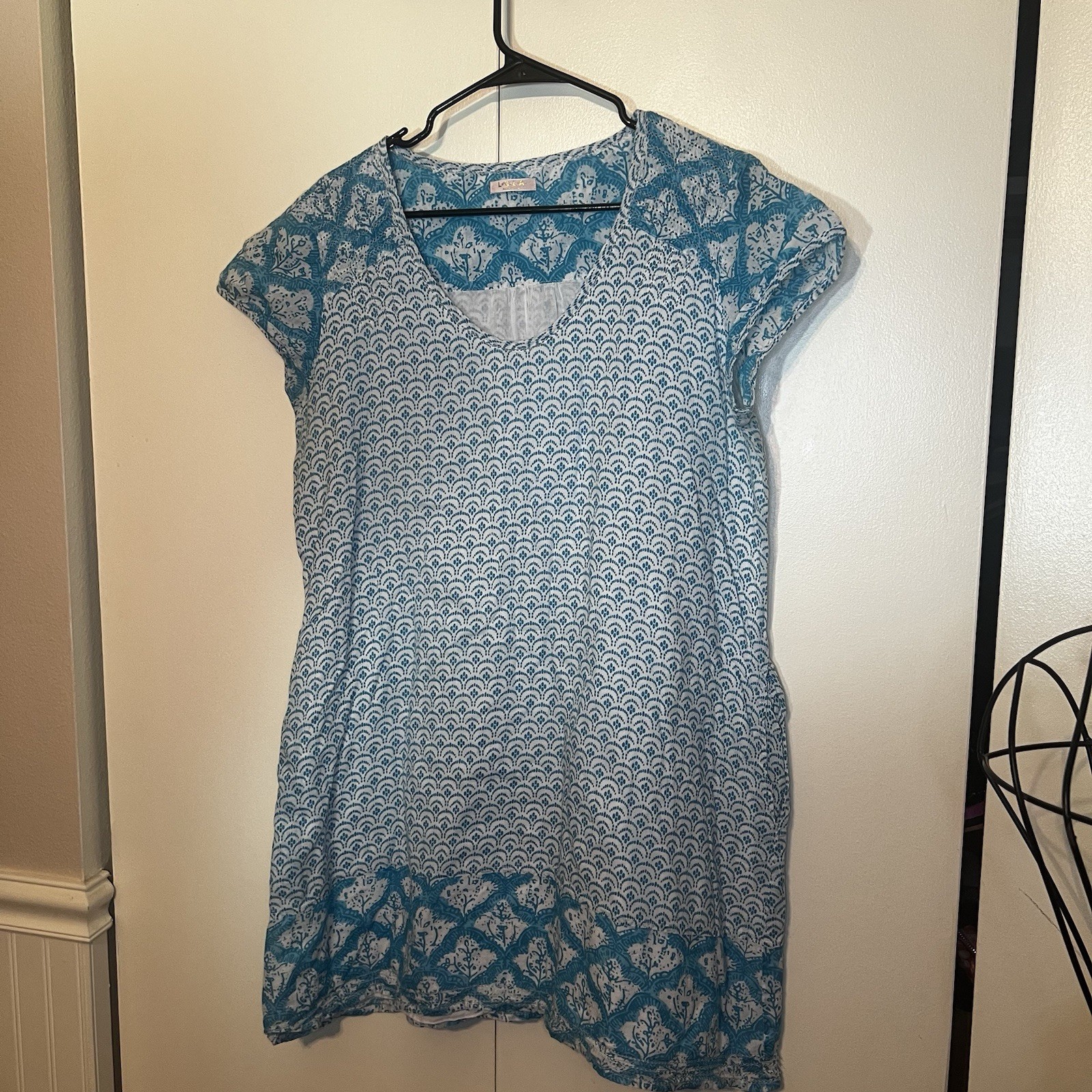 Lola Australia Dress Women’s Large/XL Blue White 100% Cotton Short Sleeve Lined