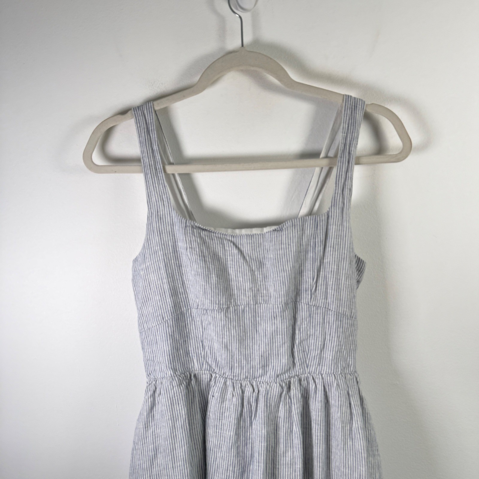 Quince 100% European Linen Fit & Flare Midi Dress Blue Pinstripe Womens Small