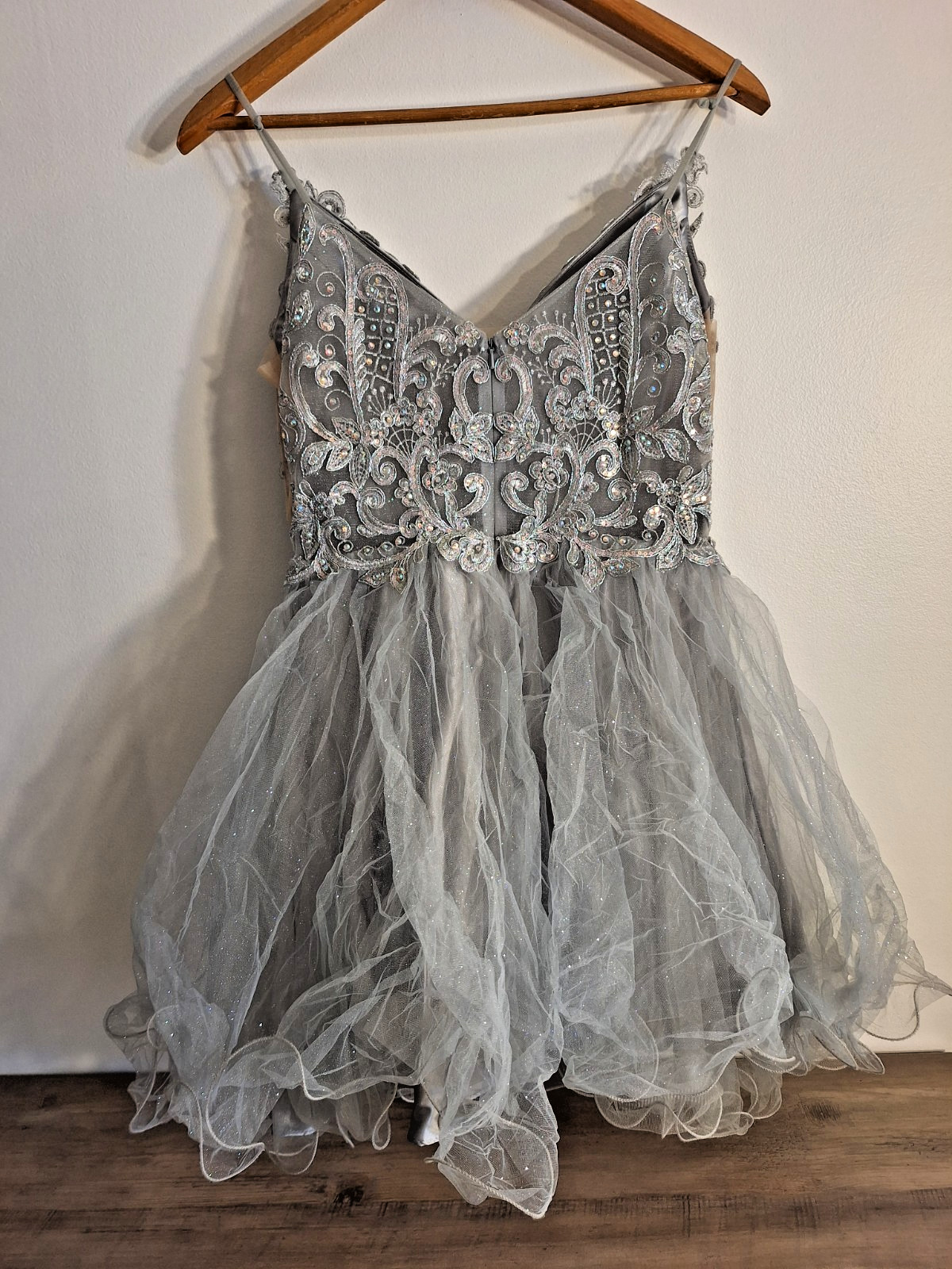 Dancing Queen 3314 Silver Tulle Short Prom Homecoming Dress Sequin Size Large L