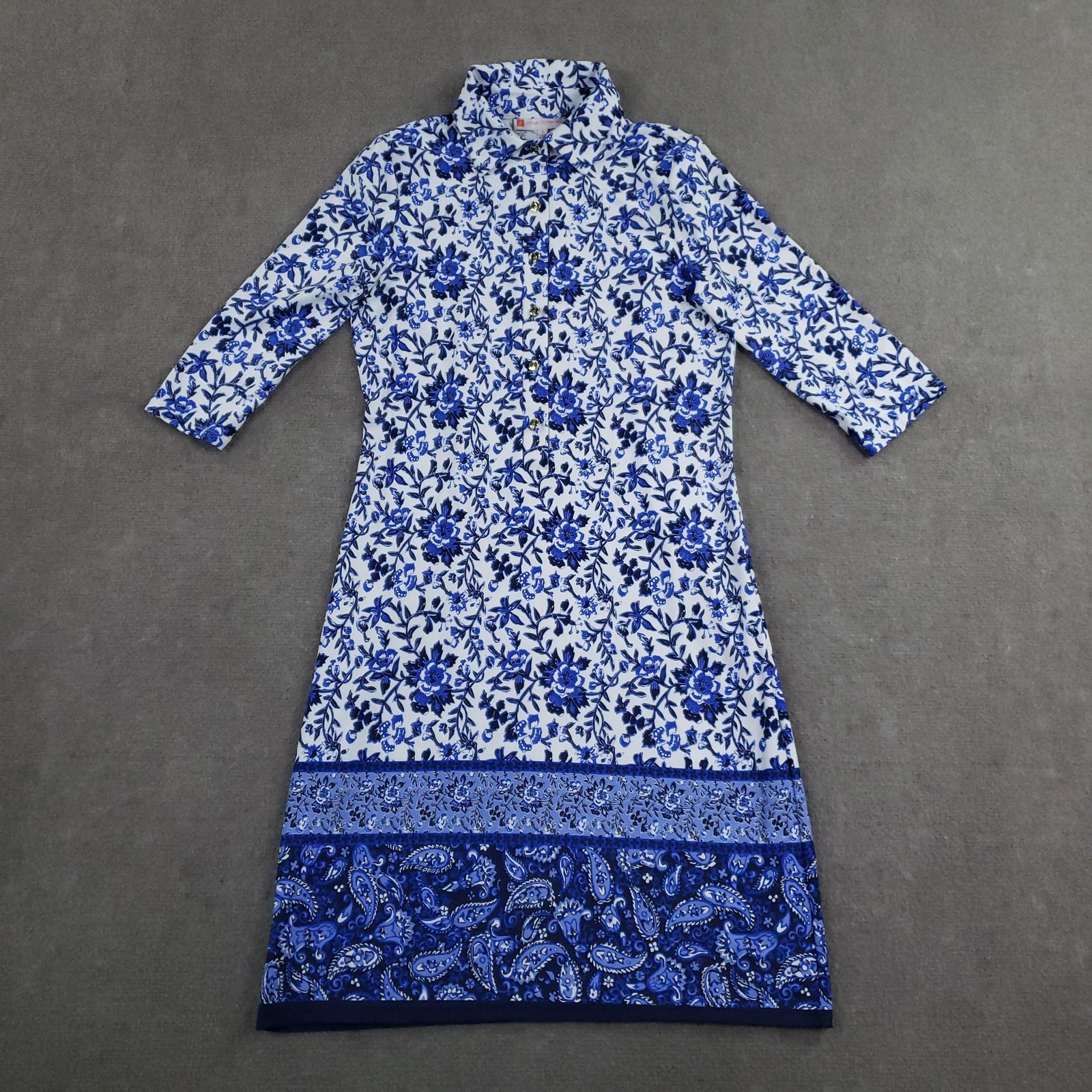 Jude Connally Dress Womens Small Blue Floral Shirt Dress 3/4 Sleeve Collared