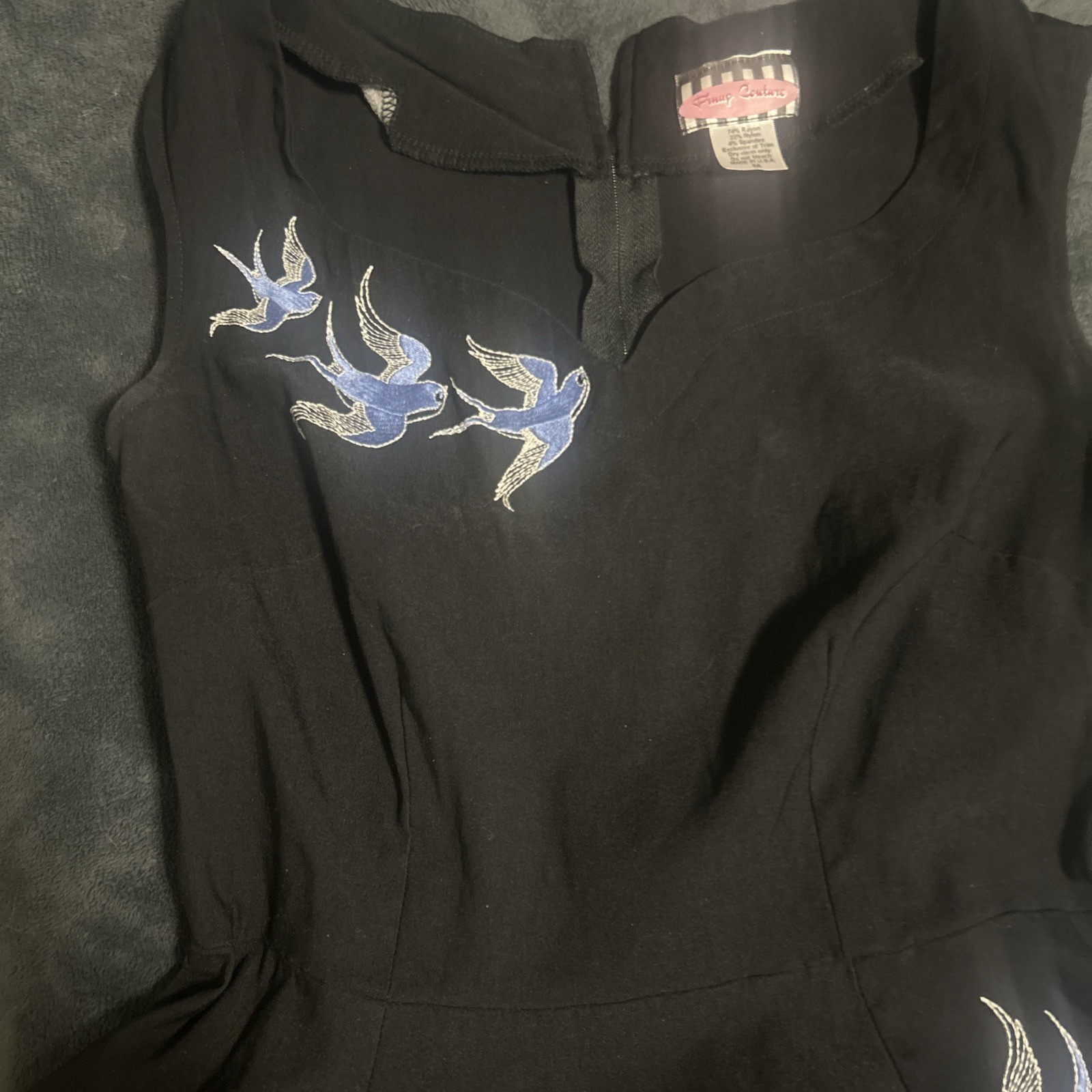 Pinup Couture Black Fit Flare Dress Blue Bird Embroidered Retro Rockabilly Sz M