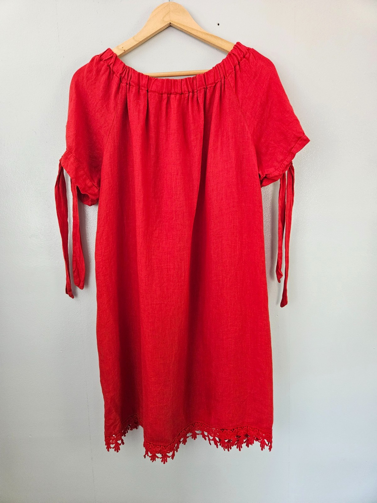 LUNGO L’ARNO Red Linen Dress Lrg Short Tie Sleeves Lace Trim Off Shoulder Italy