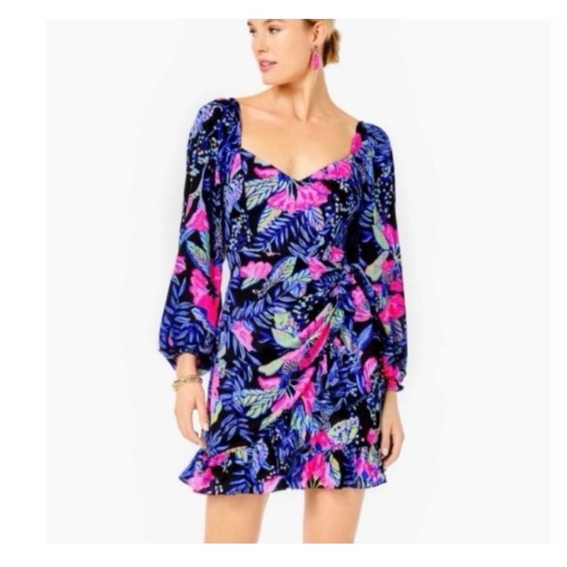 Lilly Pulitzer Lila Dress Long Sleeve Ruffle Zip Onyx Earned Stripes Sz 10