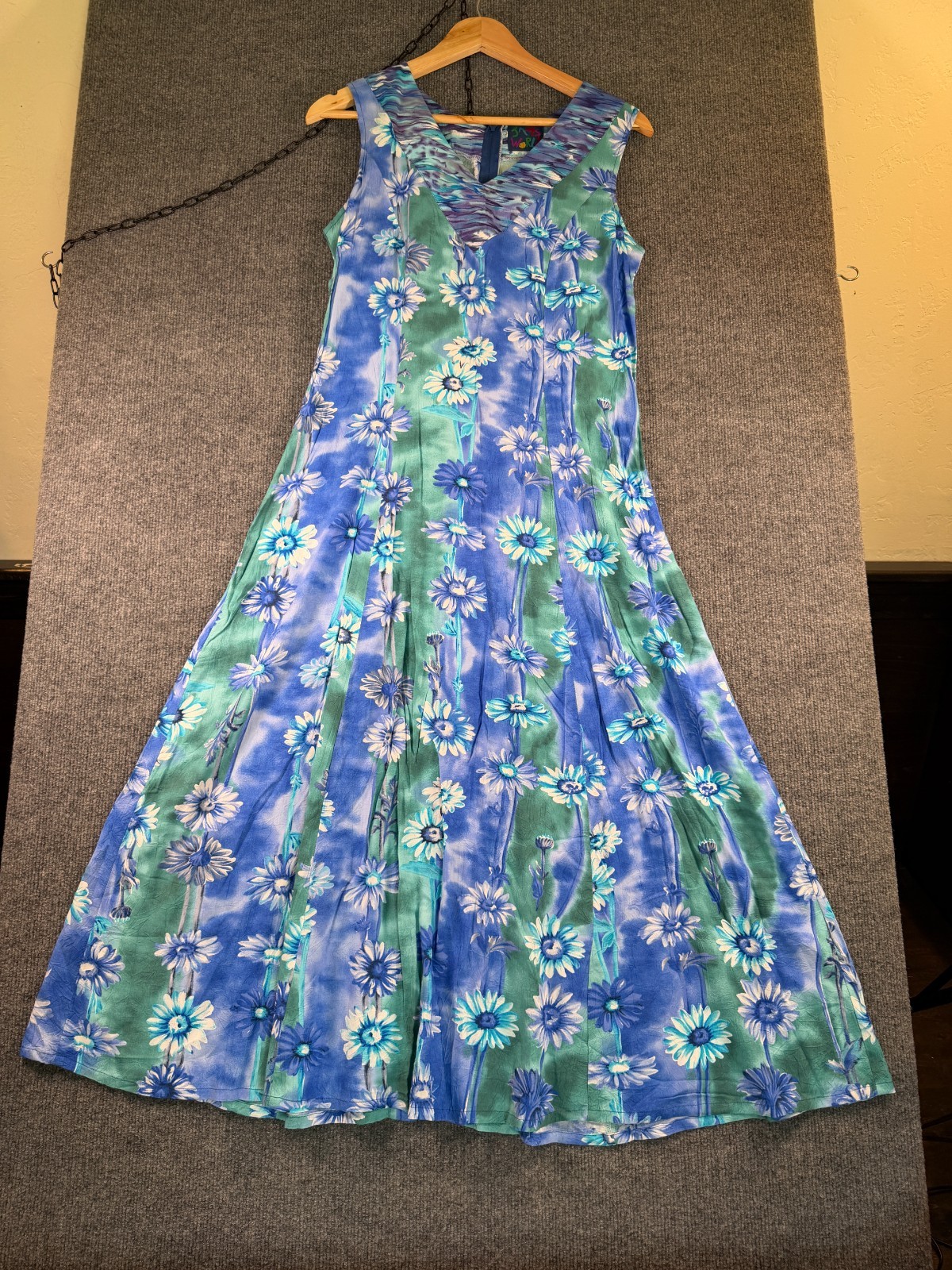 Jams World Sleeveless Maxi Dress Sz M Blue Tie Back Daisy Floral Resort Vintage