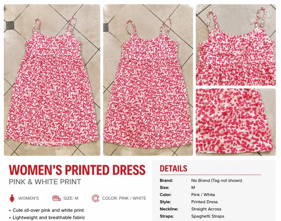 Women’s Pink & White Abstract Sundress M, Knee-Length Straight Neck Lightweight