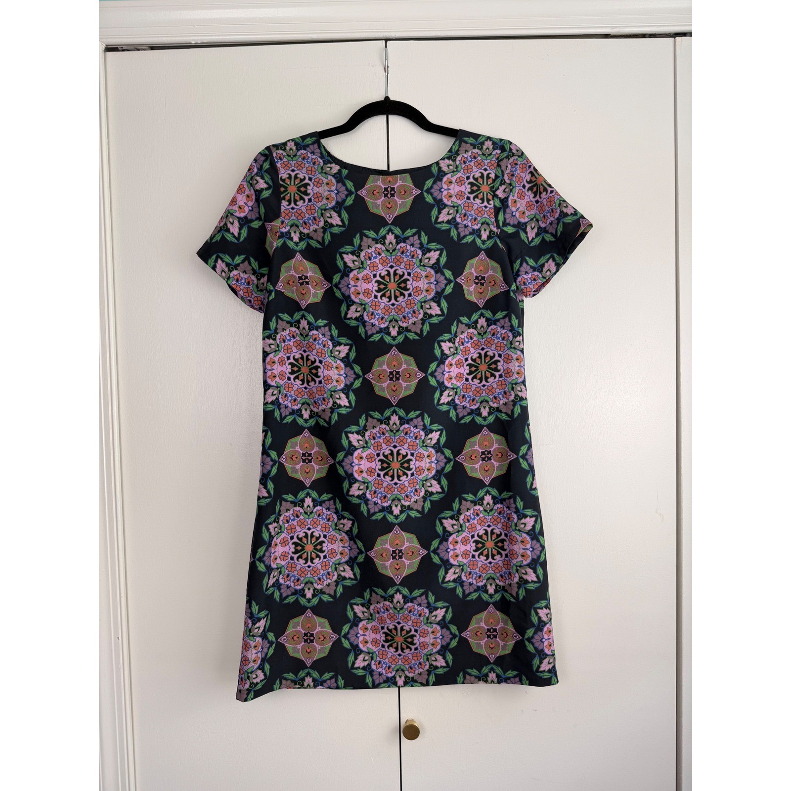 J.Crew Kaleidoscope Mandala Print Shift Dress Black Pink Green Women 2 Short Slv