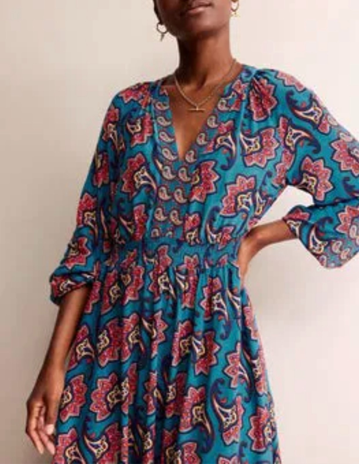 Boden Blue Border Print Raglan Midi Dress Pockets Balloon Sleeve UK 18L RRP £130