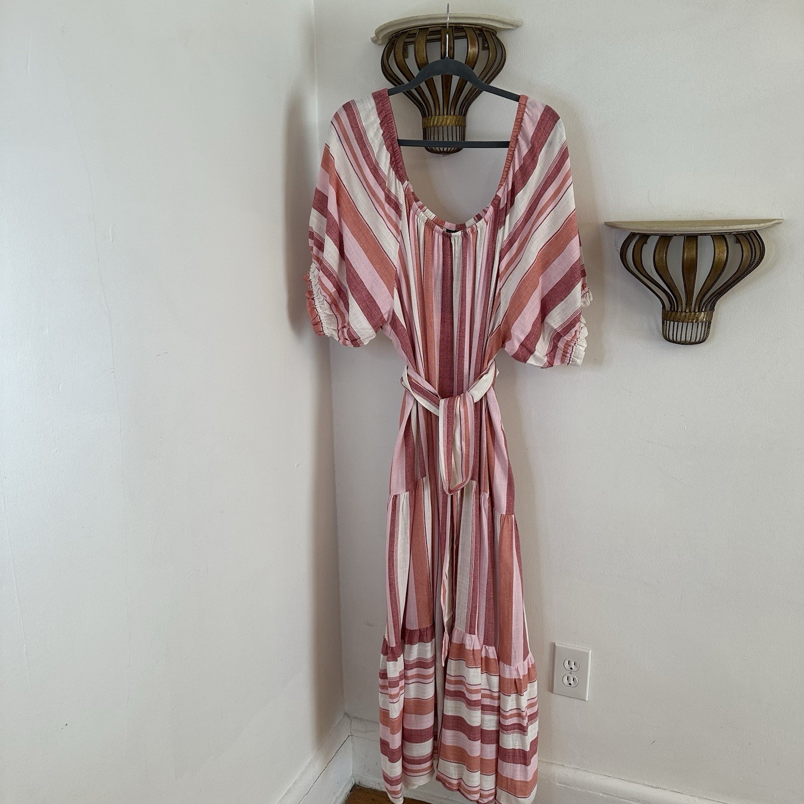 City Chic Linen Jemima Stripe Maxi Dress, 24, Boho, Balloon Sleeve Casual, New