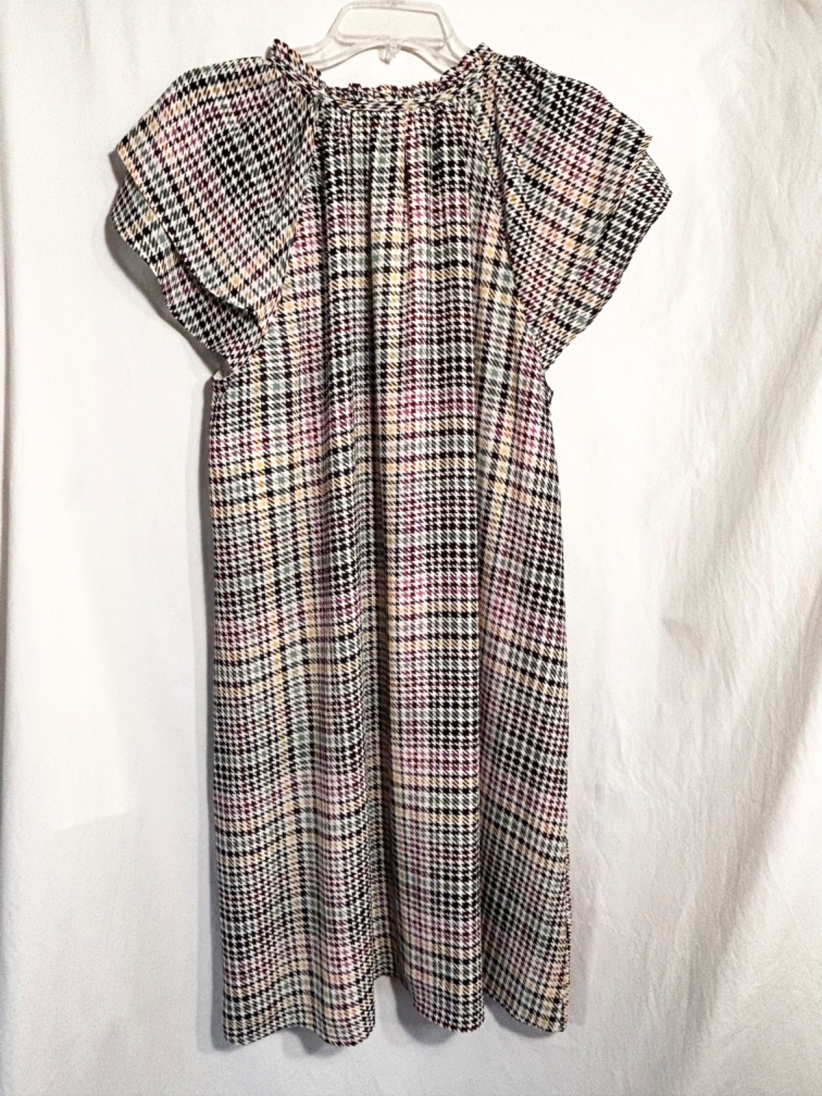 WOMENS LARGE MULTI-COLORED HOUNDSTOOTH TIERED CAP SLEEVE LINED PULLOVER DRESS