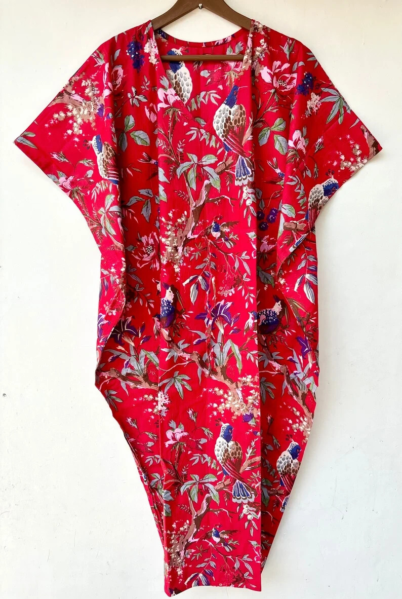 Indian Bird Print Kaftan 100% Cotton Hippie Maxi Women Nightwear Caftan Dress