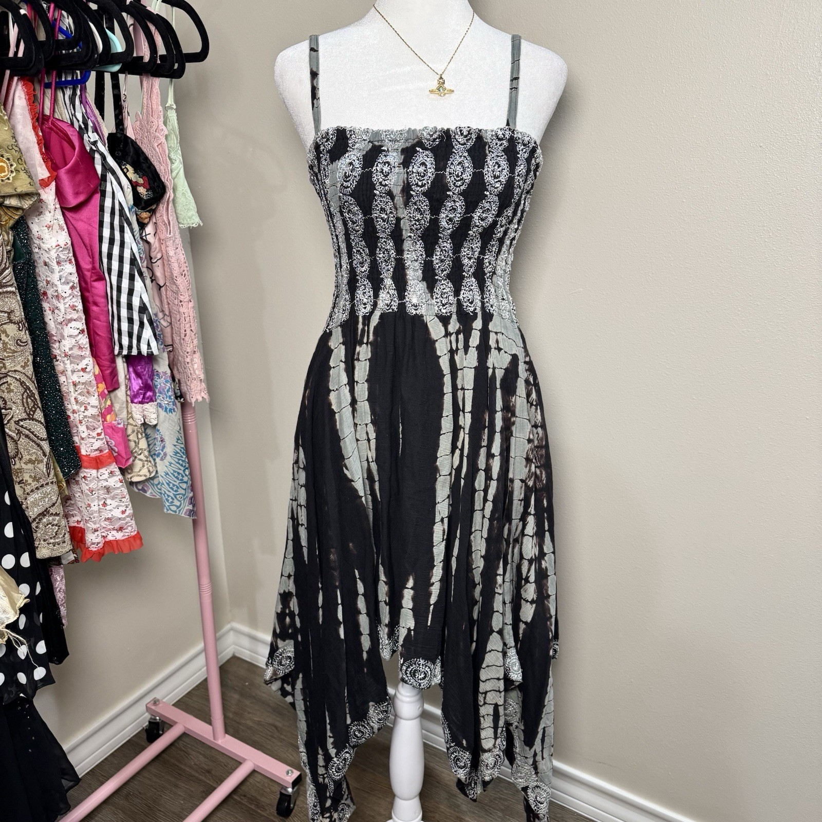 Smocked Spaghetti Strap Black Grey Tie-Dye Fairy Y2K Whimsigoth Summer Dress